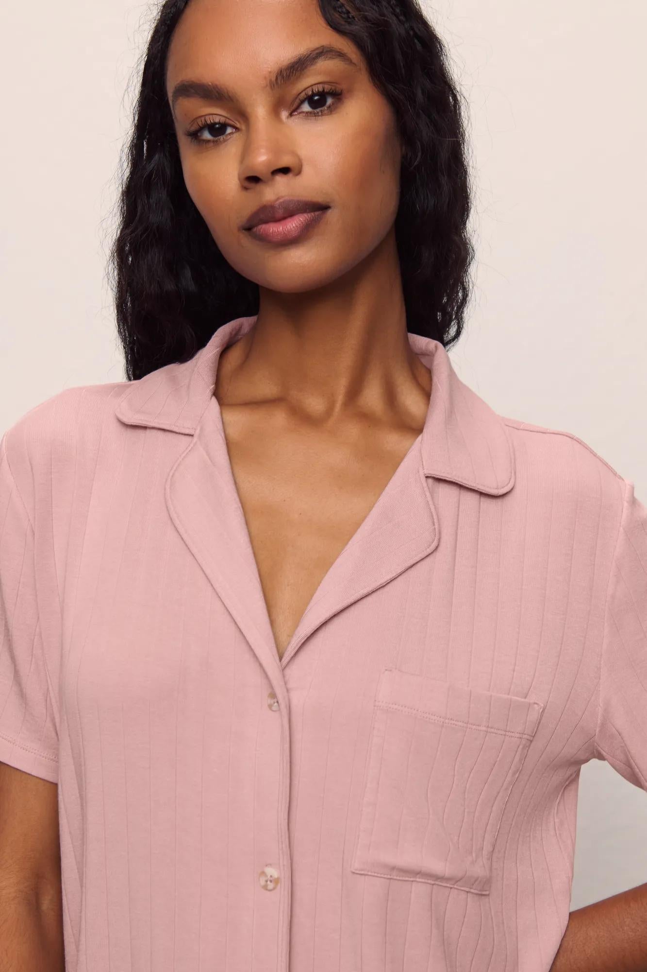 Model is wearing Gisele TENCEL Modal Rib Relaxed Short PJ Set in  Pale Mauve