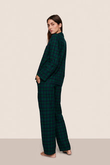 Model is wearing Flannel Long PJ Set  in Black Watch Tartan Rainforest/Navy