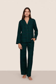 Model is wearing Flannel Long PJ Set  in Black Watch Tartan Rainforest/Navy