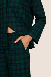 Model is wearing Flannel Long PJ Set  in Black Watch Tartan Rainforest/Navy
