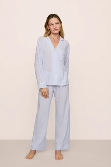 Model is wearing Nautico Long PJ Set in White/CornflowerBlue