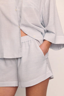 Model is wearing Nautico Relaxed Short PJ Set in  Feeder Stripes White/Peppercorn