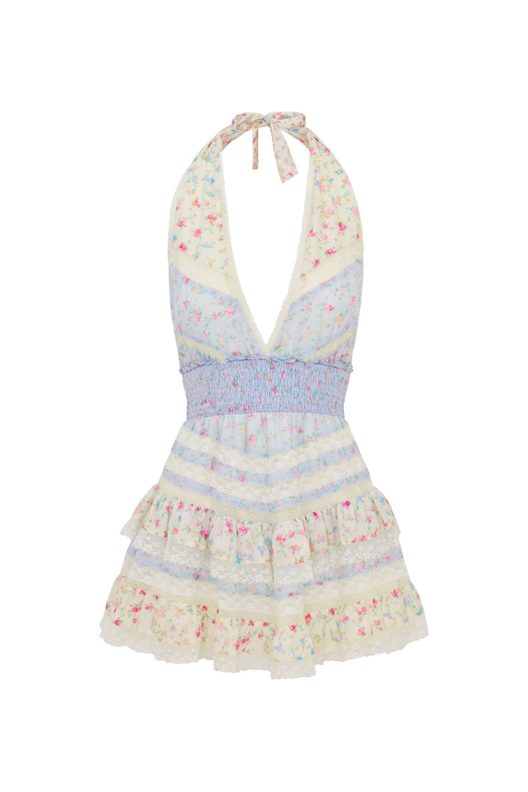Prim Silk Floral Halter Dress | Pearled Blue