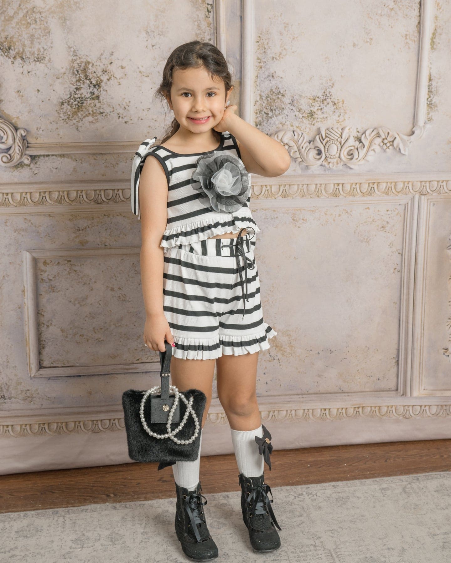 Girls | Monaco and Striped Top and Shorts Set | Black & White
