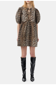 Printed Cotton Tie String Mini Dress | Leopard