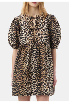 Printed Cotton Tie String Mini Dress | Leopard