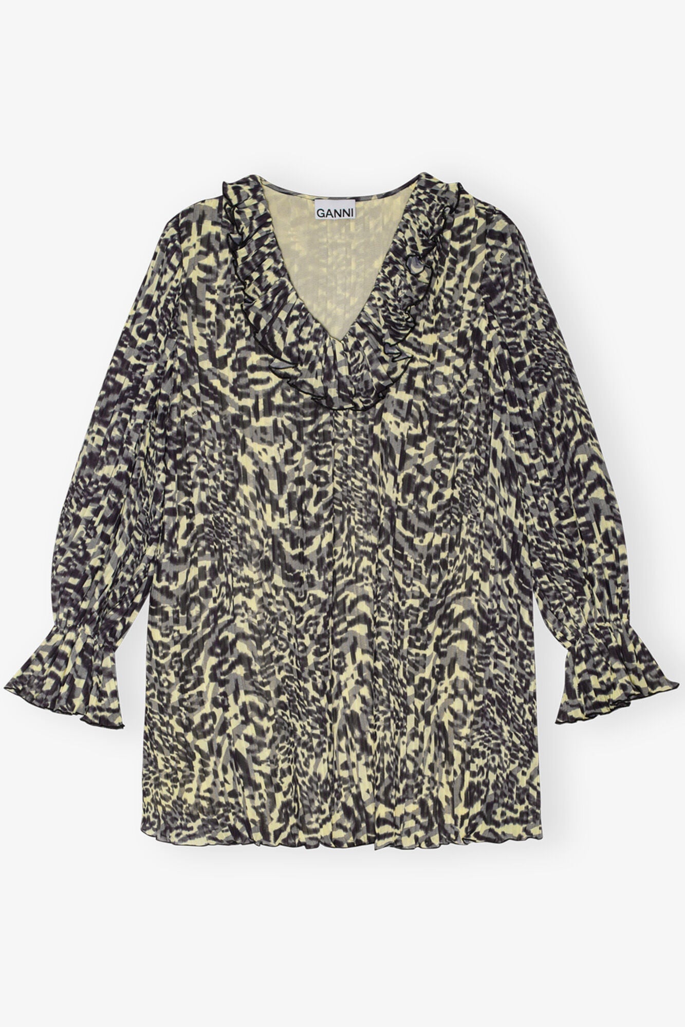 Printed Pleated Georgette Flounce Neck Mini Dress | Lemon Icing