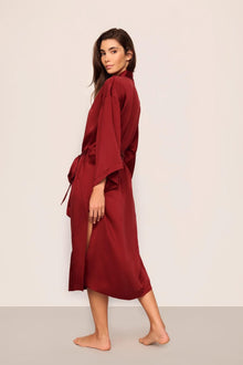 Model is wearing Inez Washable Silk Robe in Merlot
