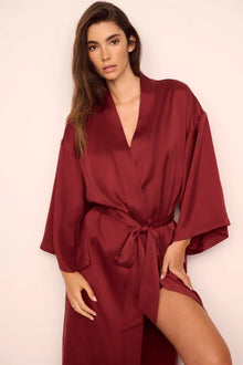 Model is wearing Inez Washable Silk Robe in Merlot