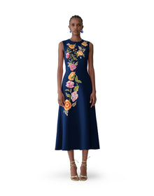 Embroidered Sleeveless Crewneck Flare Dress | Midnight Multi