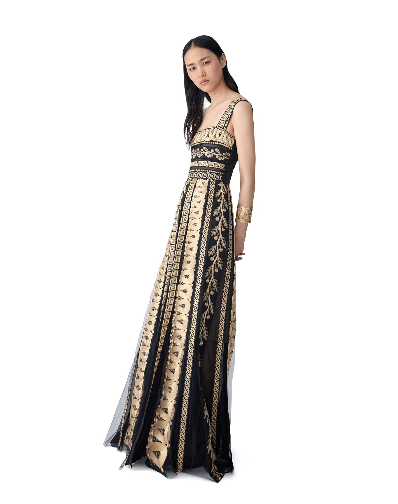 Embroidered Thick Strap A-Line Gown | Gold Multi