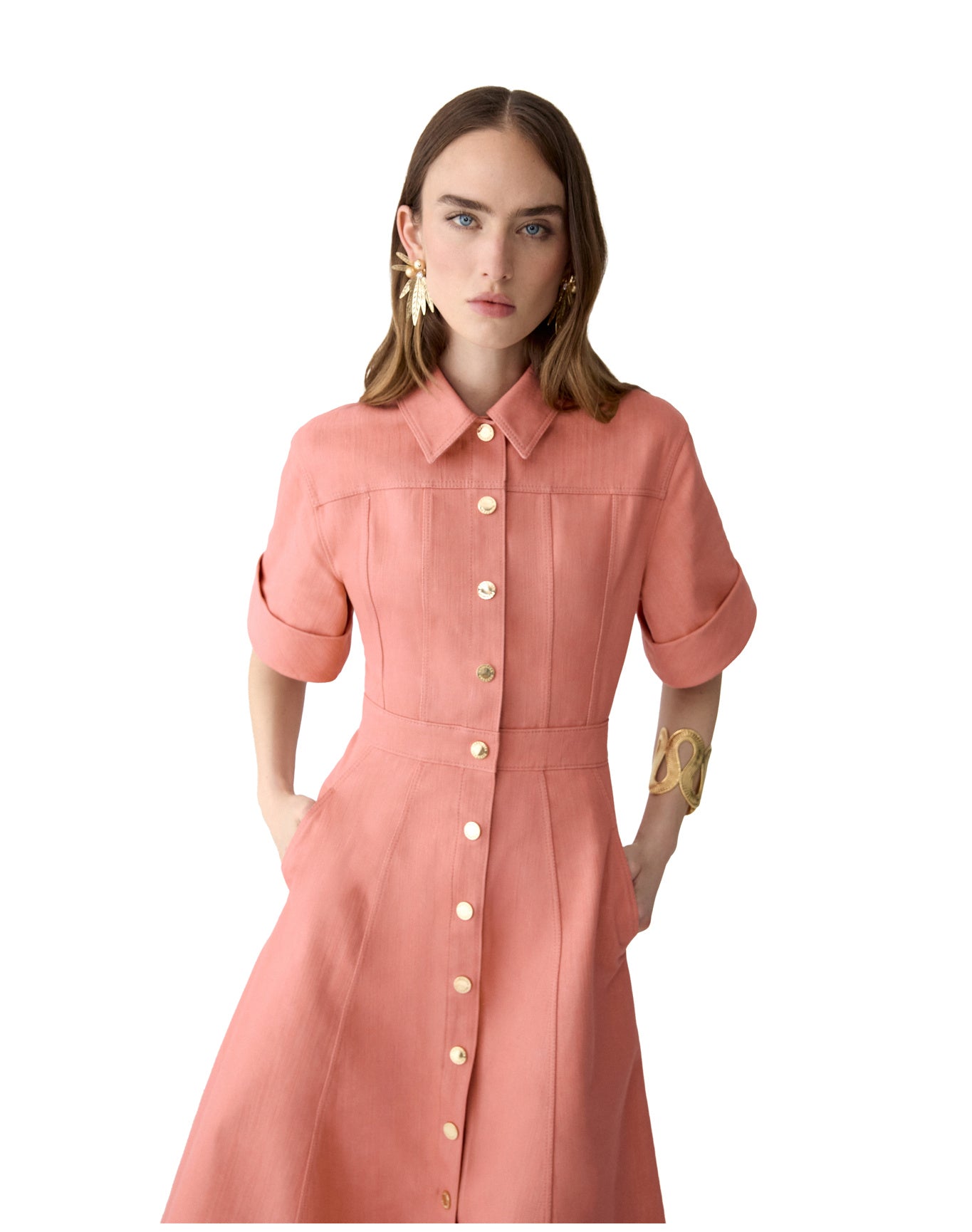 Short Sleeve Button Front Midi Dress | Sunset