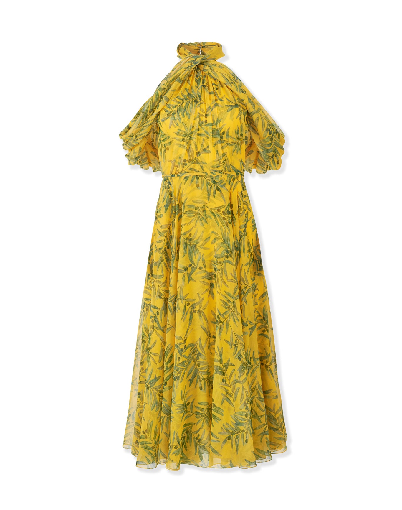 Halter Neck Draped Off Shoulder Midi Dress | Daffodil/Multi