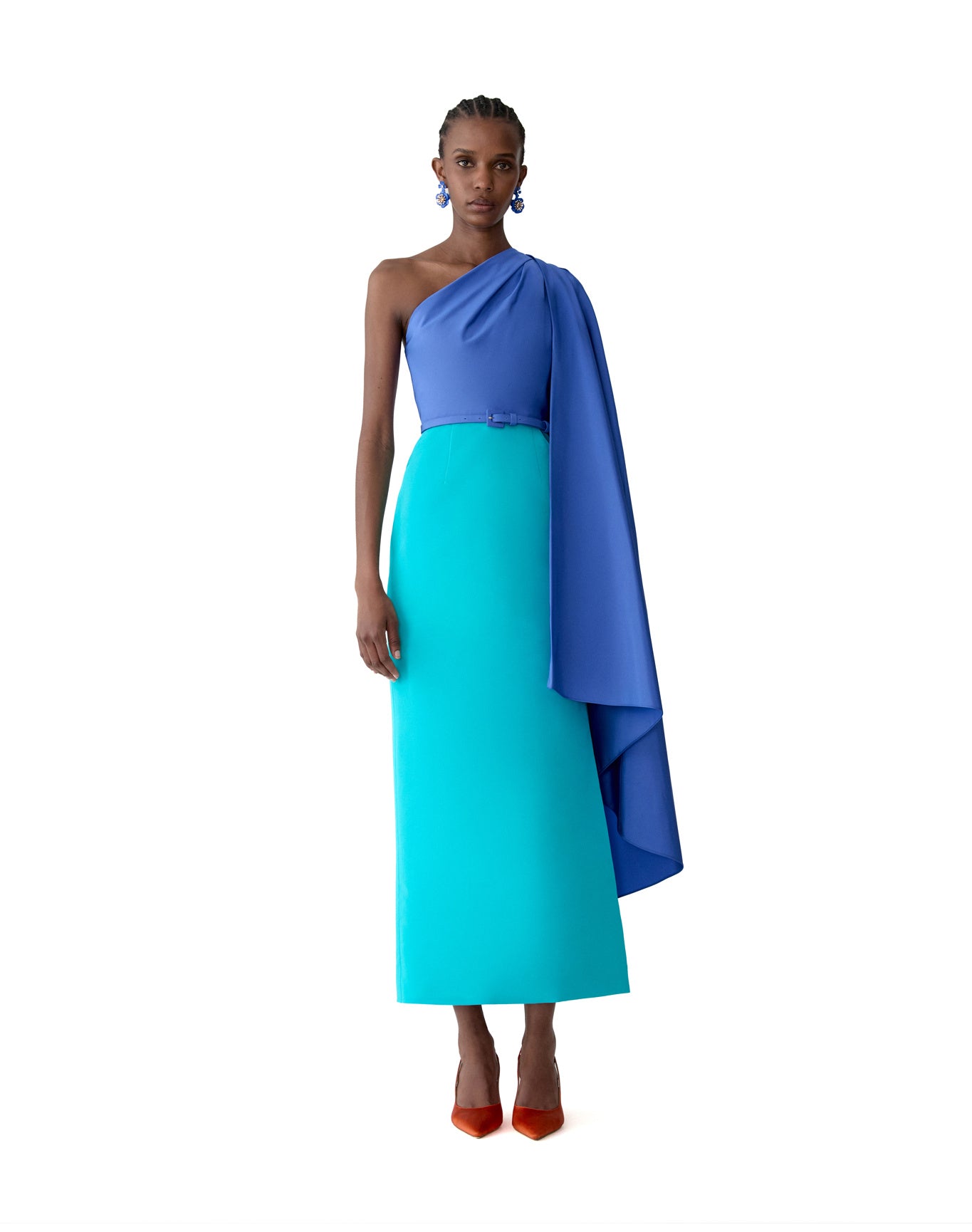 Midi Dress With Detachable Shoulder Drape & Belt | Turquoisemult
