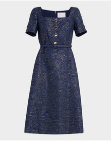 Short Sleeve Square Neck A-Line Midi Dress With Belt | Midnight Multi
