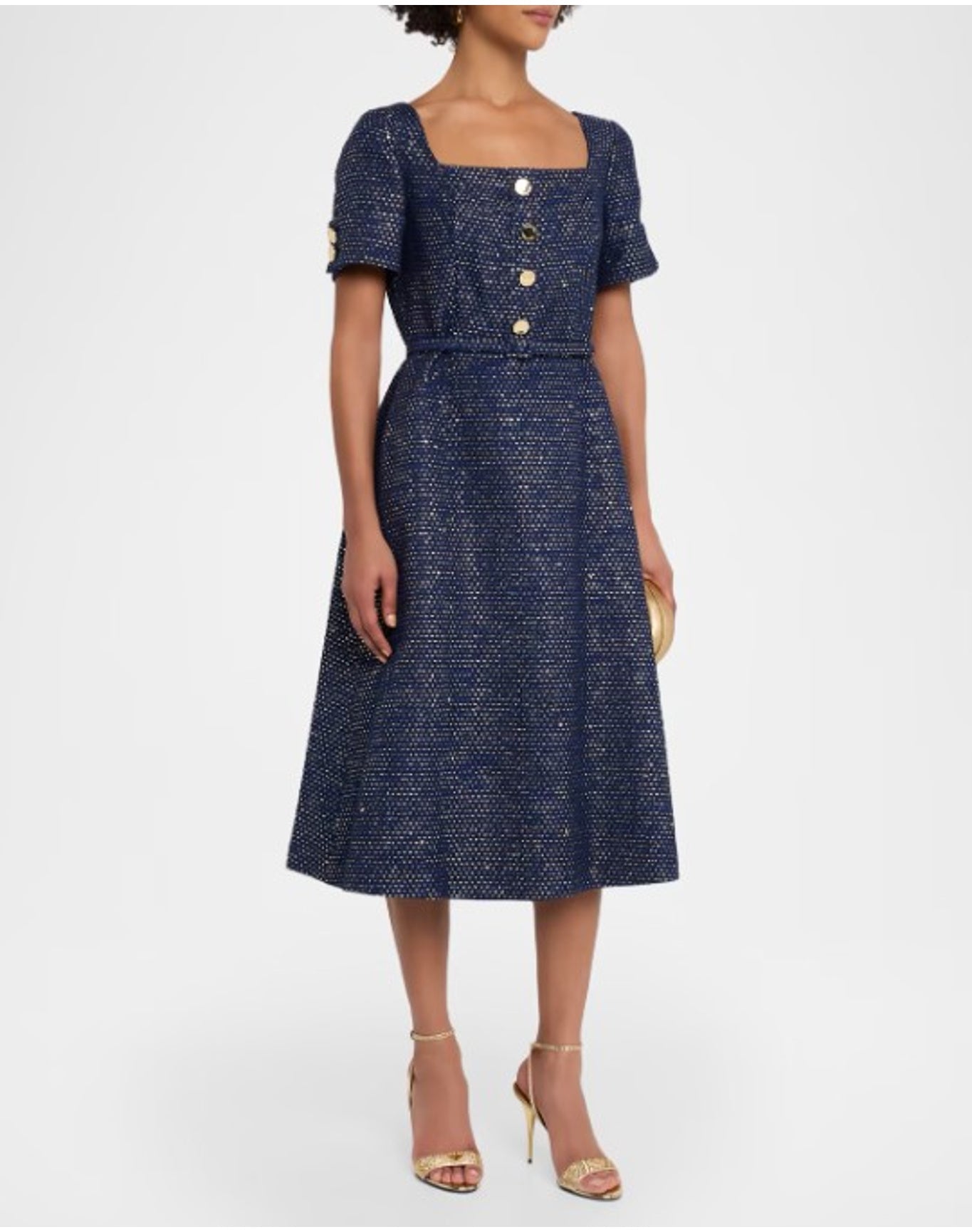 Short Sleeve Square Neck A-Line Midi Dress With Belt | Midnight Multi