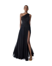 Gathered One Shoulder Gown With Slit | Black