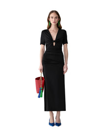 Elbow Sleeve Ruched V-Neck Midi Dress | Black
