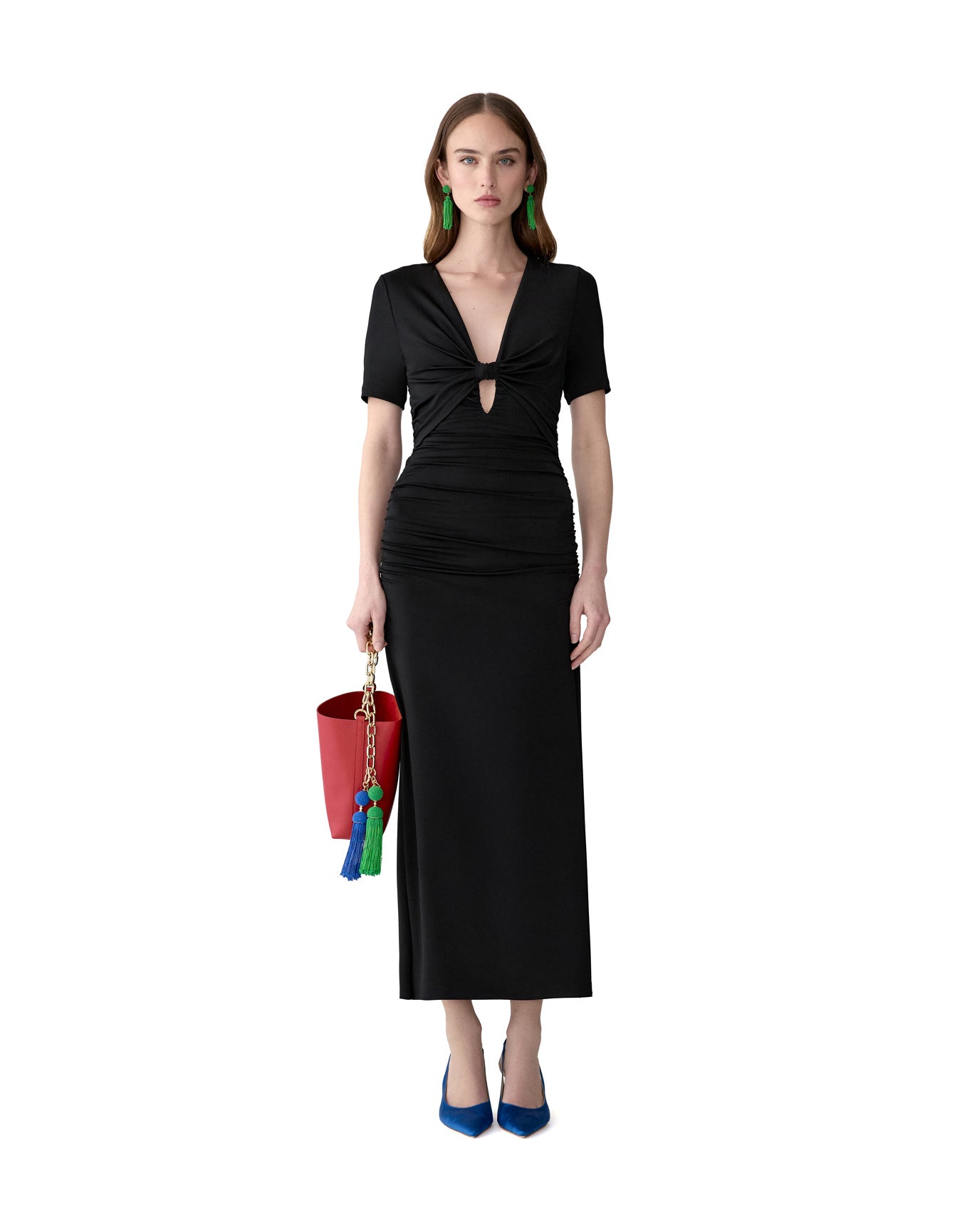 Elbow Sleeve Ruched V-Neck Midi Dress | Black