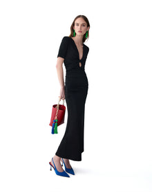 Elbow Sleeve Ruched V-Neck Midi Dress | Black