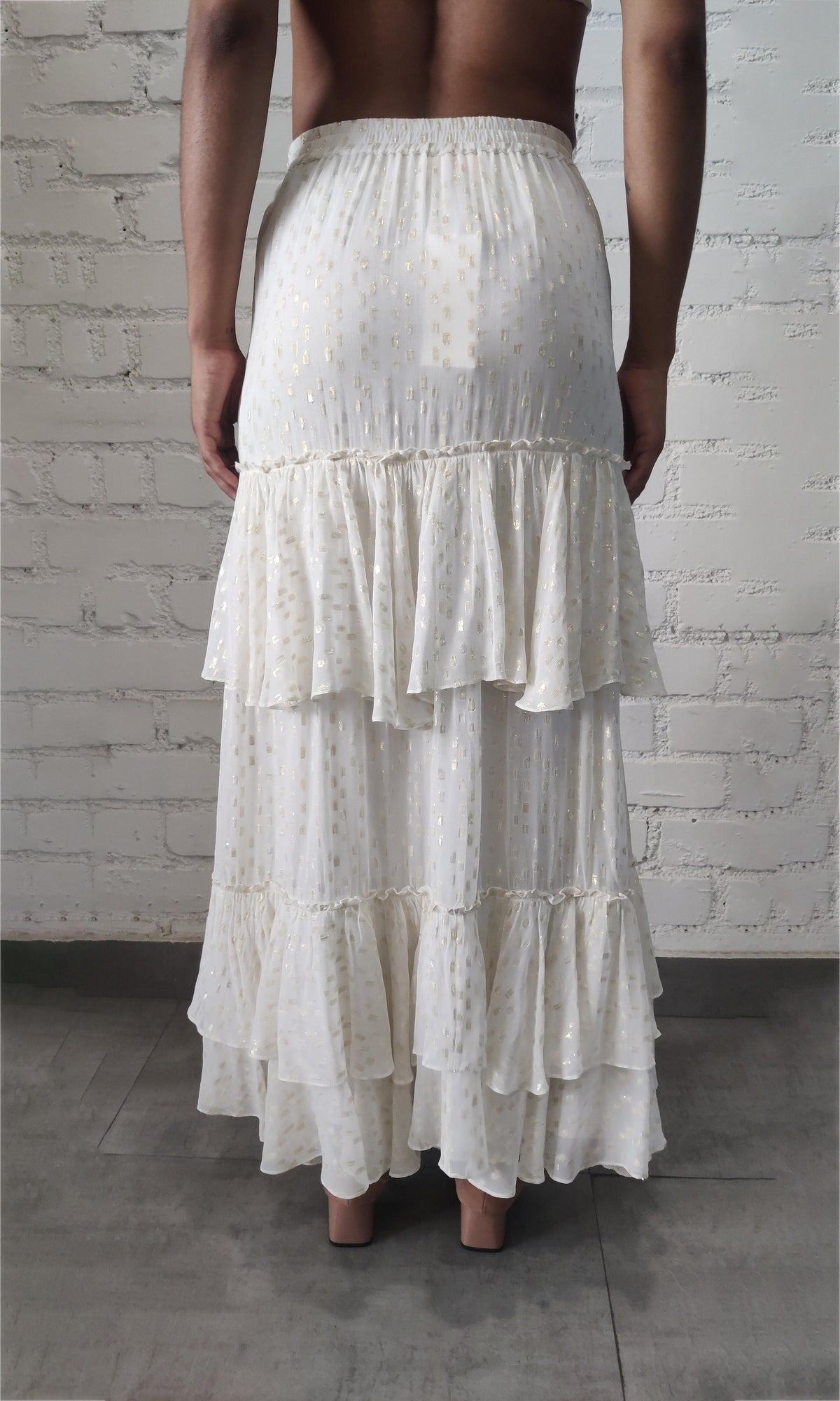 Womens | Aine Viscose Georgette Gold Dobby Long Skirt | White