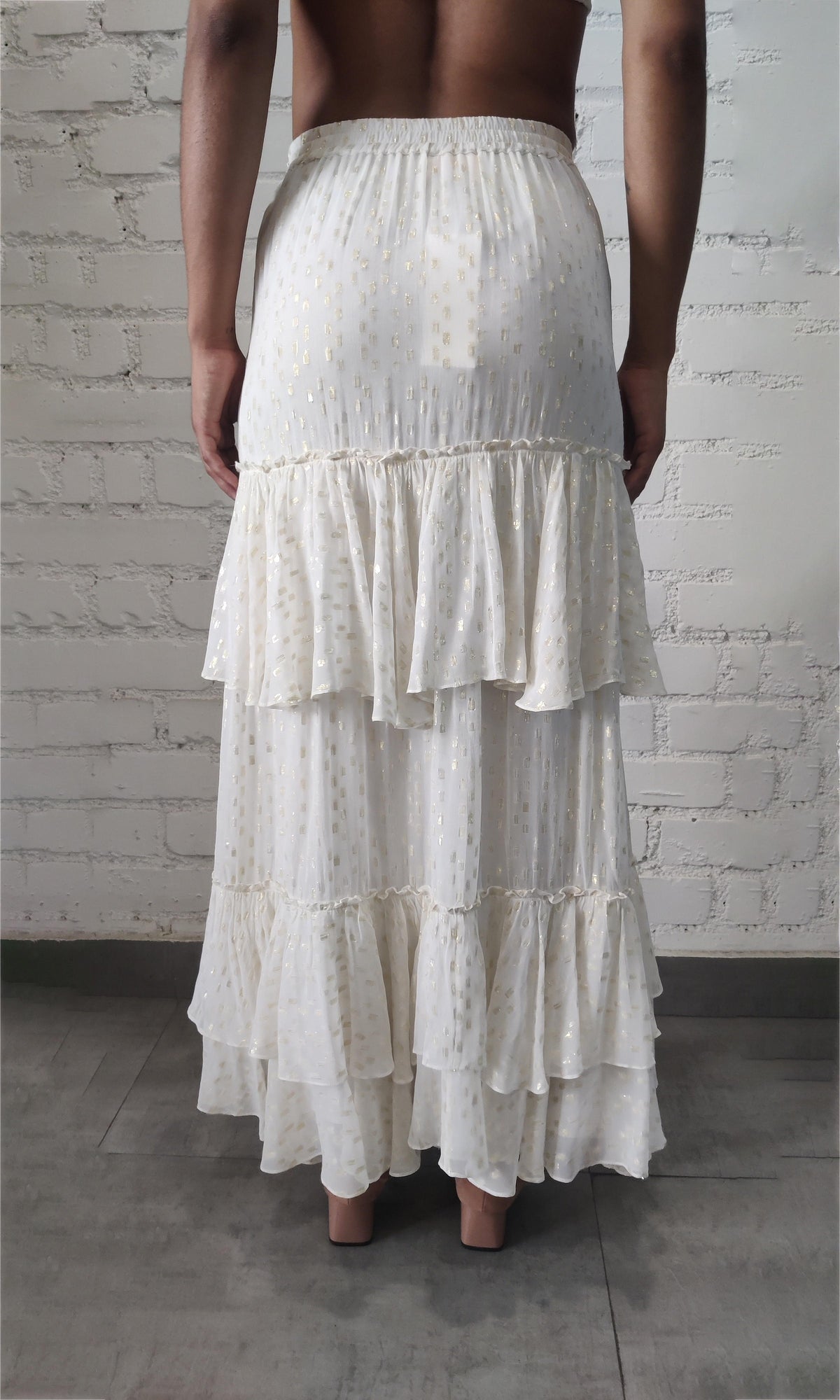 Womens | Aine Viscose Georgette Gold Dobby Long Skirt | White