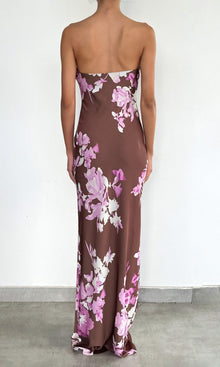 Womens | Alfy Polyester Satin Lycra Strapless Maxi Dress | Brown Pink