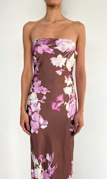Womens | Alfy Polyester Satin Lycra Strapless Maxi Dress | Brown Pink