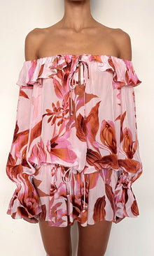 Rococo Sand | Cai Viscose Natural Crepe Off Shoulder Mini Dress | Pink Brown