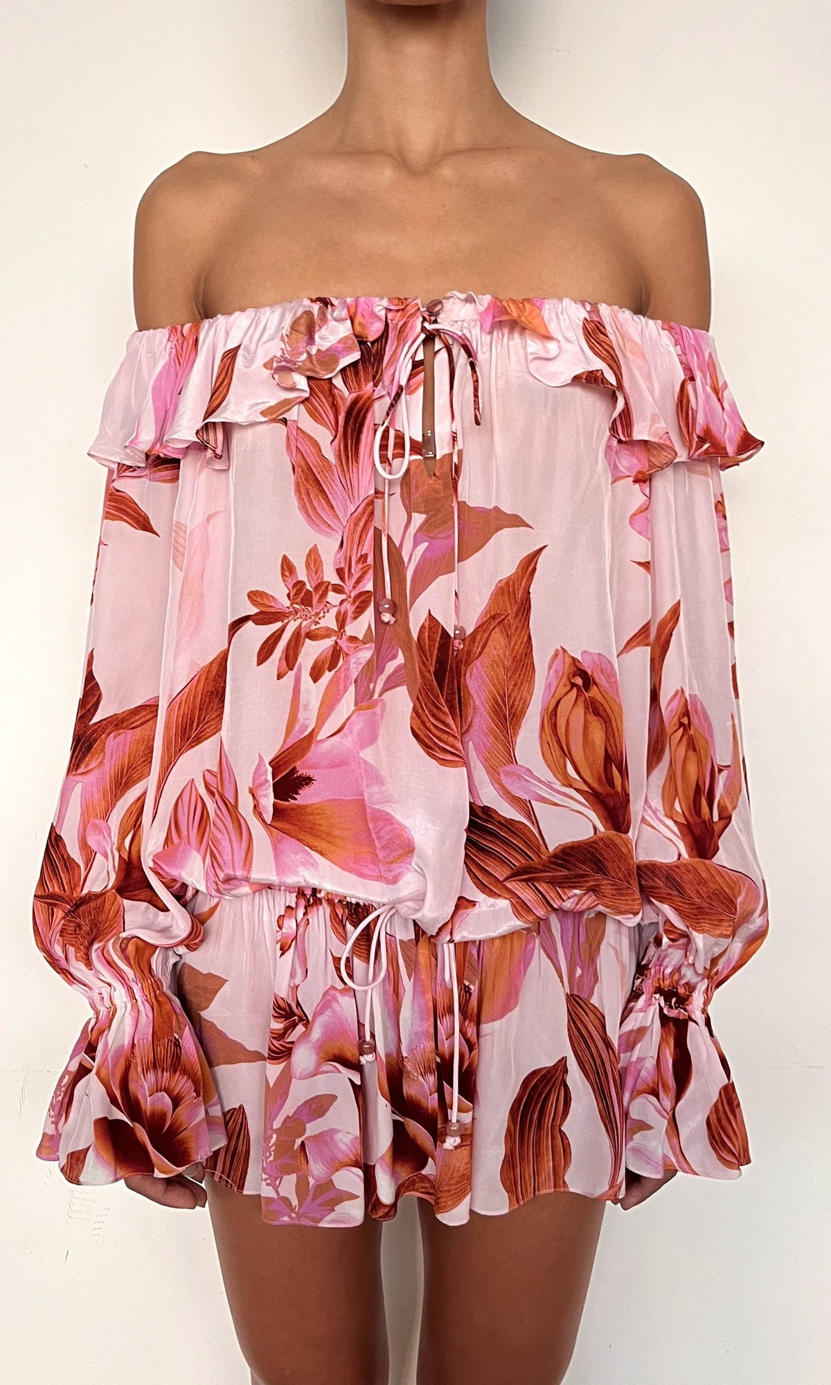 Rococo Sand | Cai Viscose Natural Crepe Off Shoulder Mini Dress | Pink Brown