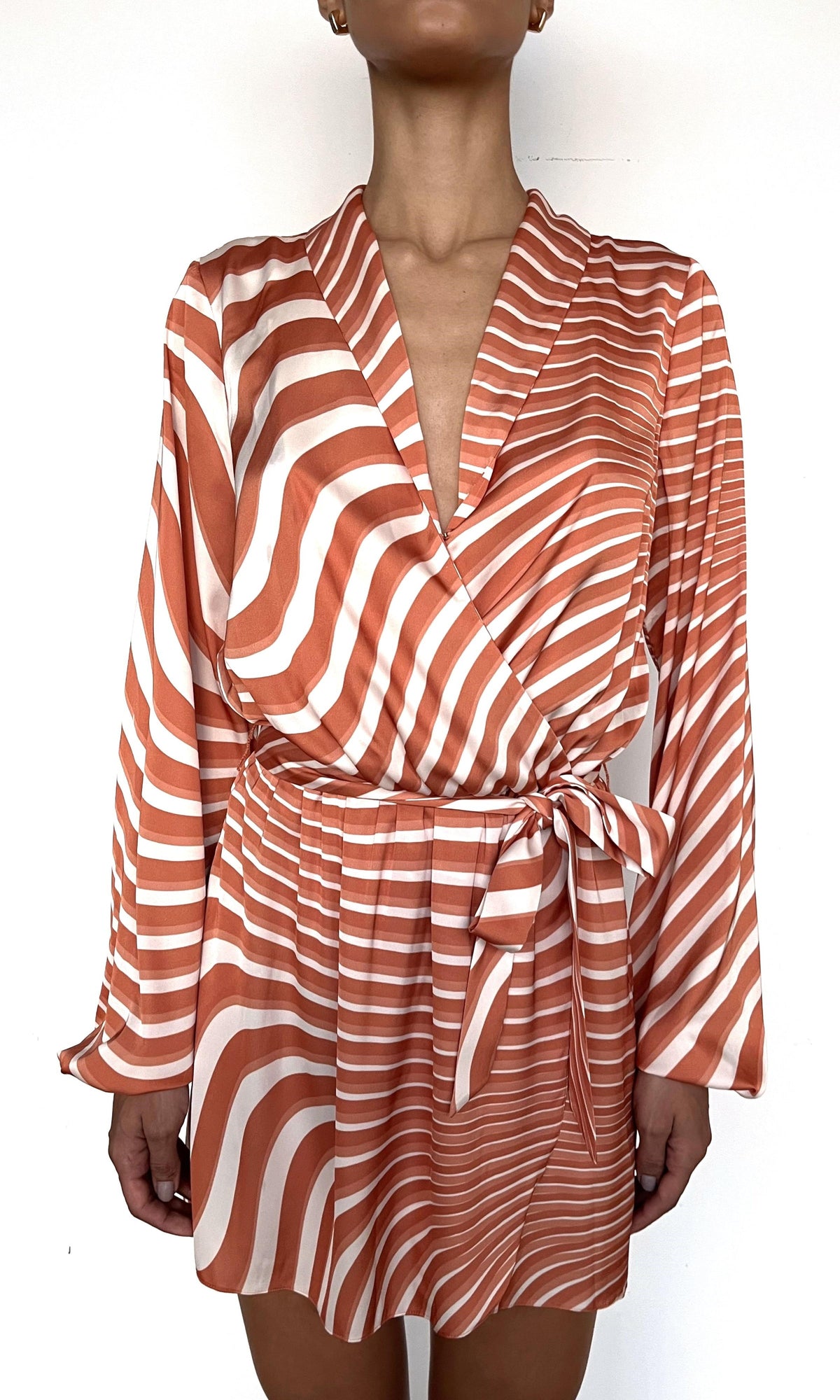 Rococo Sand | Czar Polyester Satin Lycra Mini Dress With Detachable Belt | Off-White Brown