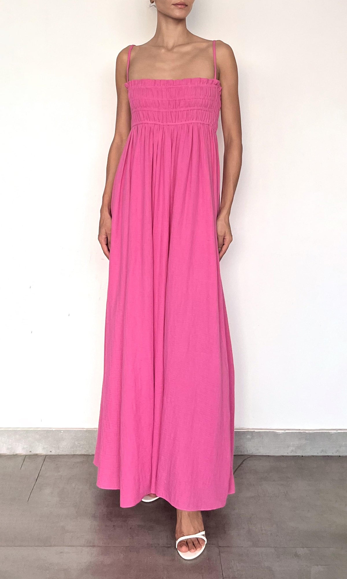 Rococo Sand | Eli Cotton Double Cloth Gauze Maxi Dress With Smocking | Khaite Pink