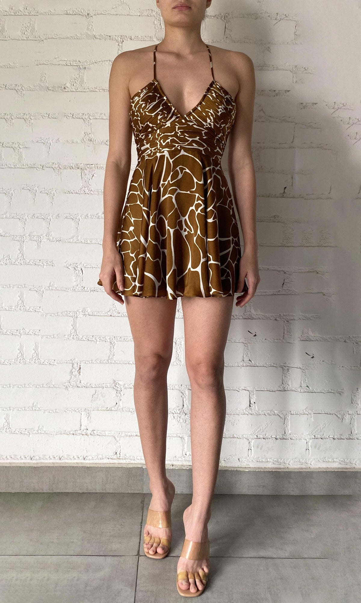 Rococo Sand | Fia Viscose Natural Crepe Short Dress | Brown White