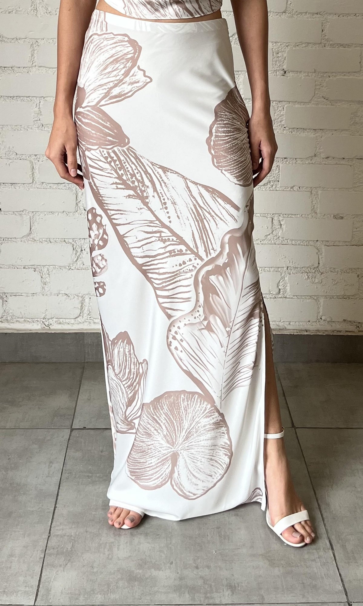 Womens | Ines Polyester Satin Lycra Long Skirt | Light Brown/White