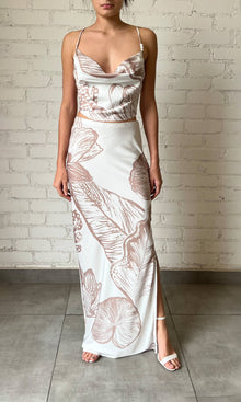 Womens | Ines Polyester Satin Lycra Long Skirt | Light Brown/White