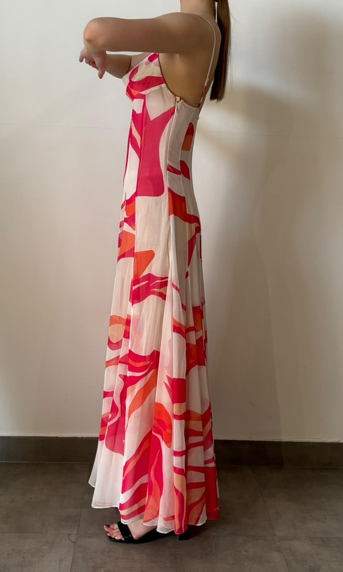 Womens | Inv Poly Chiffion Abstract Print Long Dress | Pink/White