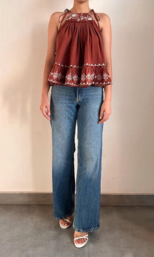 Rococo Sand | Jaci Cotton Double Cloth Gauze Embroidered Tier Mini Top | Brown White