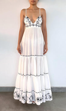 Rococo Sand | Jaci Cotton Double Cloth Gauze Tiered Embroidered Maxi Dress | Black/White