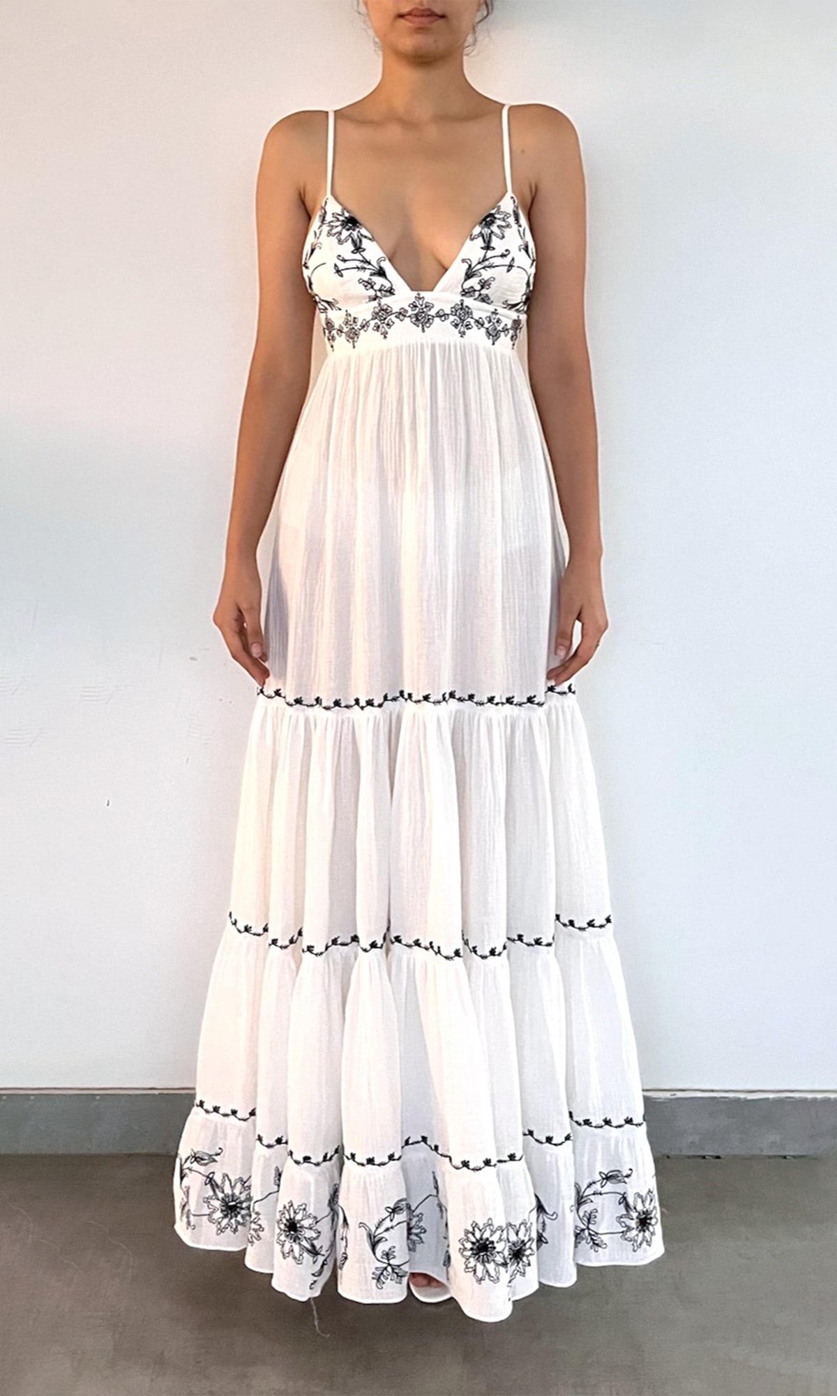Rococo Sand | Jaci Cotton Double Cloth Gauze Tiered Embroidered Maxi Dress | Black/White
