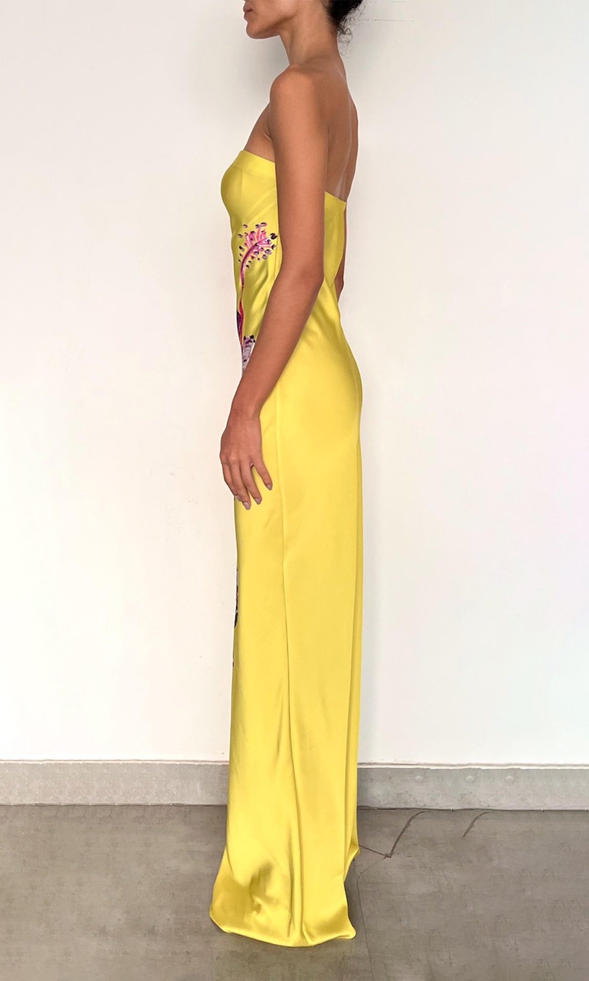 Womens | Juri Polyester Satin Lycra Strapless Maxi Dress | Yellow Purple