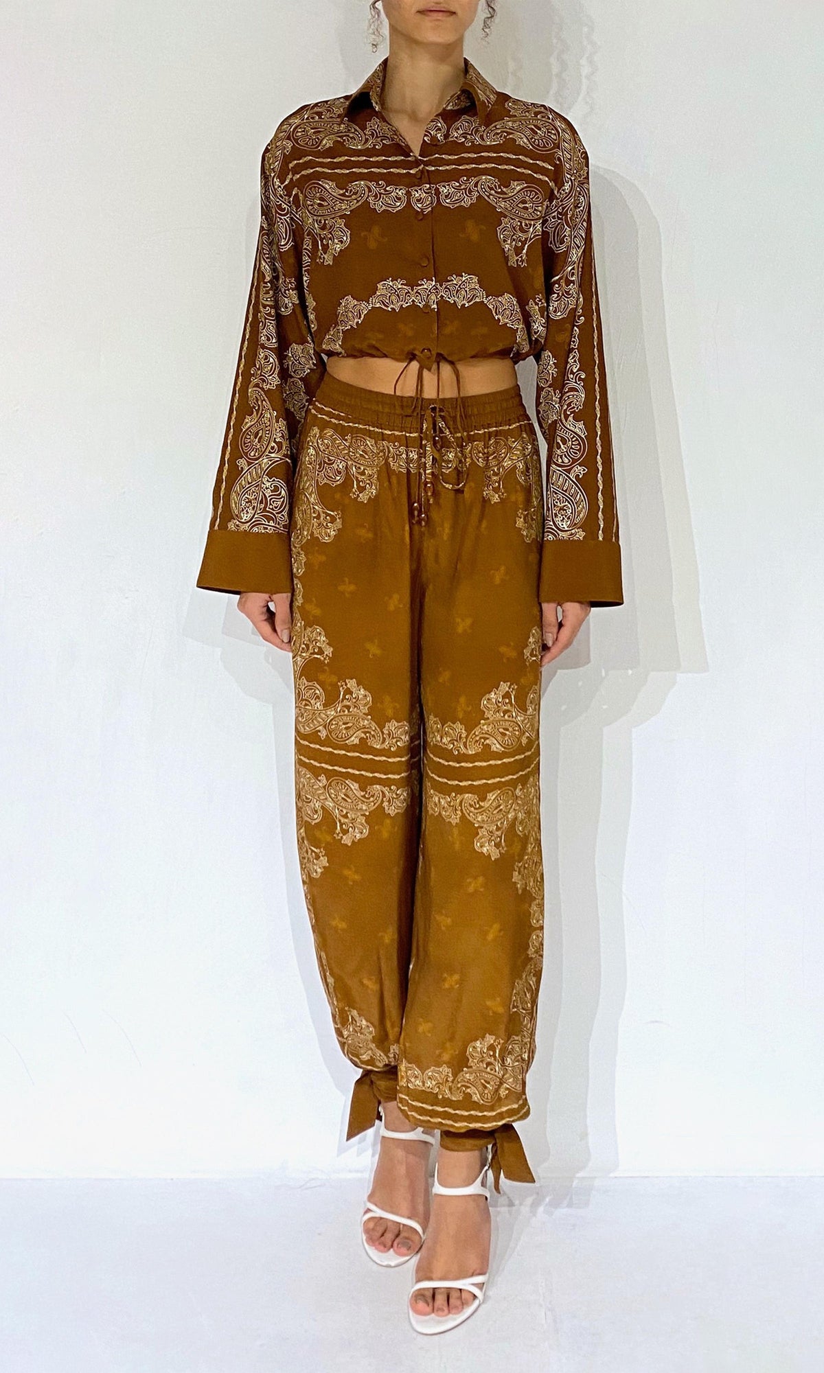 Womens | Kira Viscose Heavy Crepe Crop Shirt With Drawstring | Brown