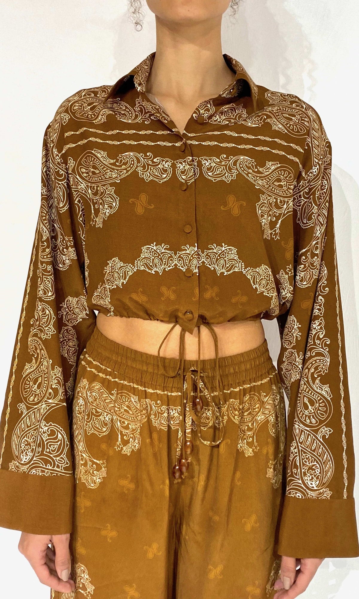 Womens | Kira Viscose Heavy Crepe Crop Shirt With Drawstring | Brown