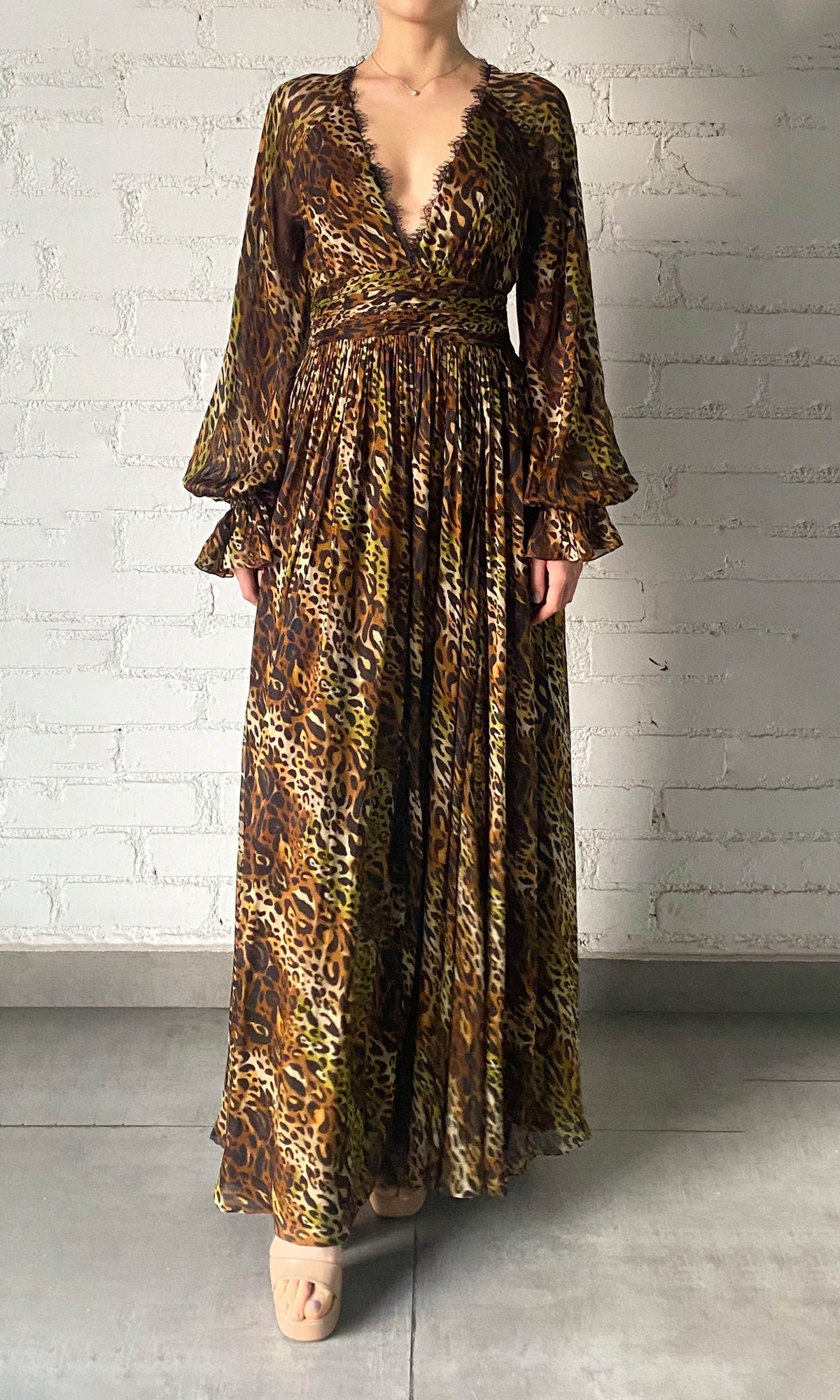 Rococo Sand | Kye Viscose Flat Chiffon Long Sleeve High Low Maxi Dress | Black Brown Multi