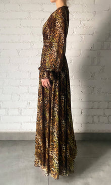 Rococo Sand | Kye Viscose Flat Chiffon Long Sleeve High Low Maxi Dress | Black Brown Multi