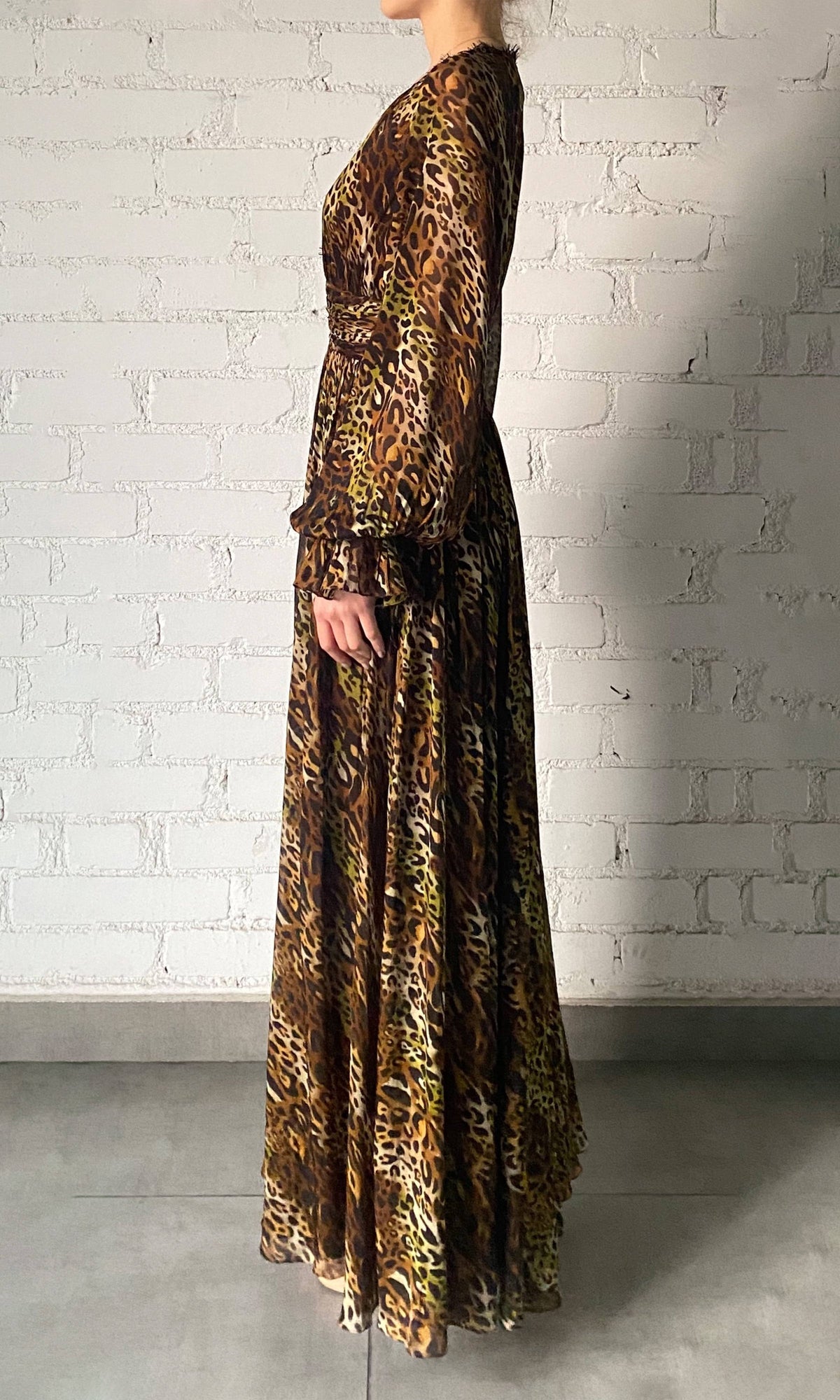 Rococo Sand | Kye Viscose Flat Chiffon Long Sleeve High Low Maxi Dress | Black Brown Multi