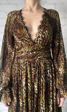 Rococo Sand | Kye Viscose Flat Chiffon Long Sleeve High Low Maxi Dress | Black Brown Multi