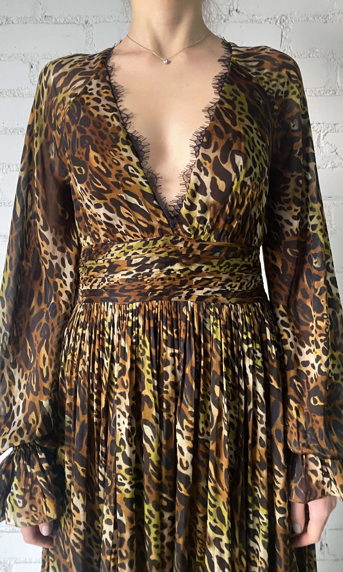Rococo Sand | Kye Viscose Flat Chiffon Long Sleeve High Low Maxi Dress | Black Brown Multi