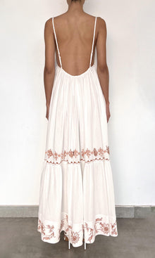 Rococo Sand | Myril Cotton Double Cloth Gauze Embroidered Tier Scoopneck Maxi Dress | White Terracotta