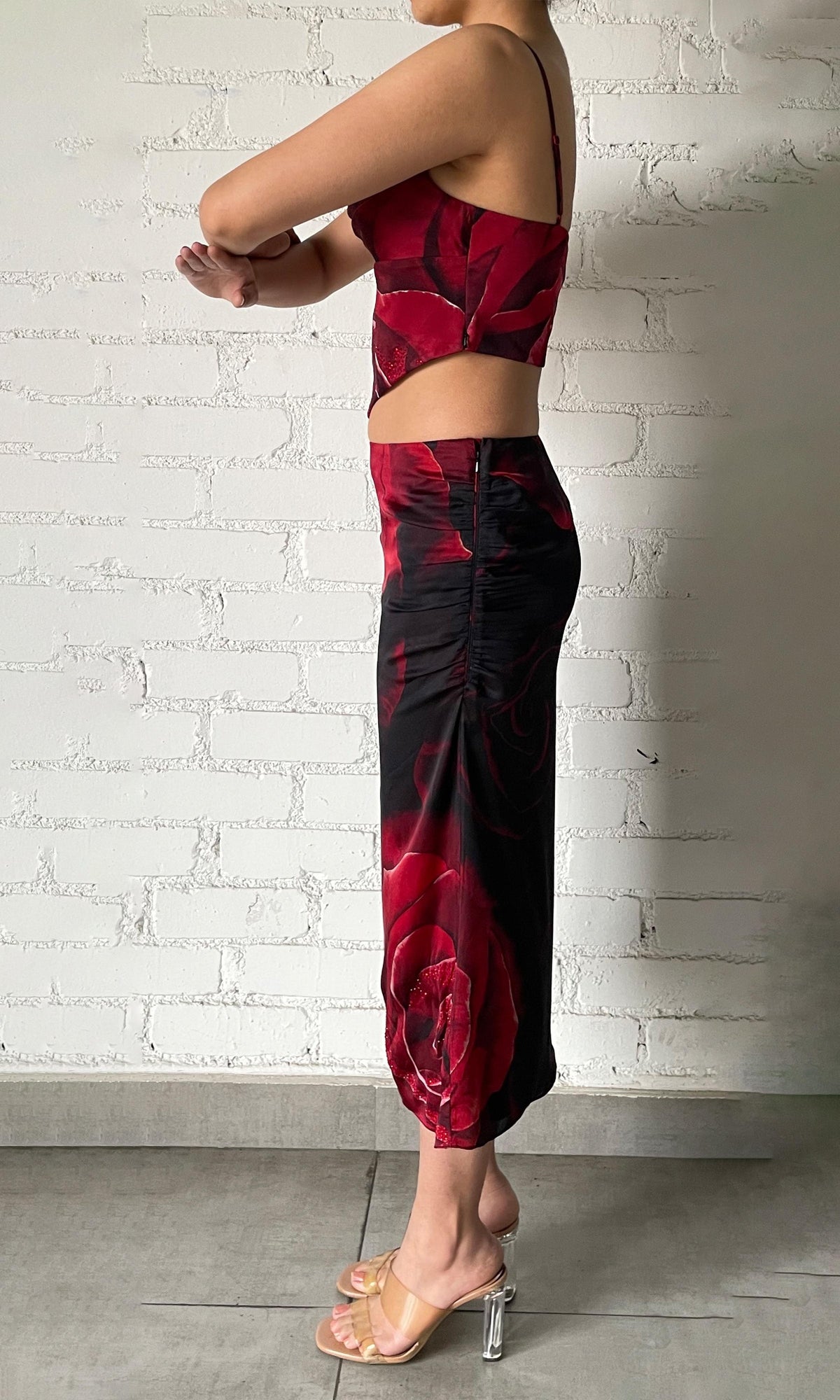 Womens | Naia Viscose Satin Embellished Corset Top | Black Red