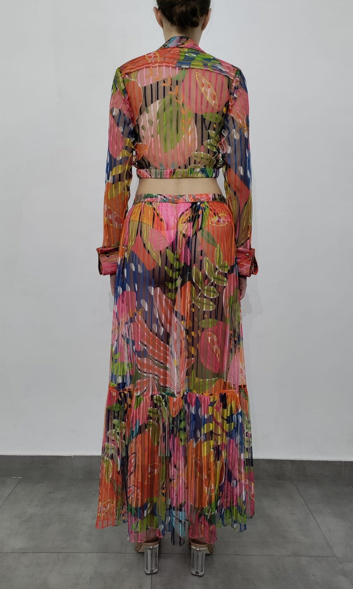 Womens | Plum Polyester Stripe Net Long Skirt | Multi